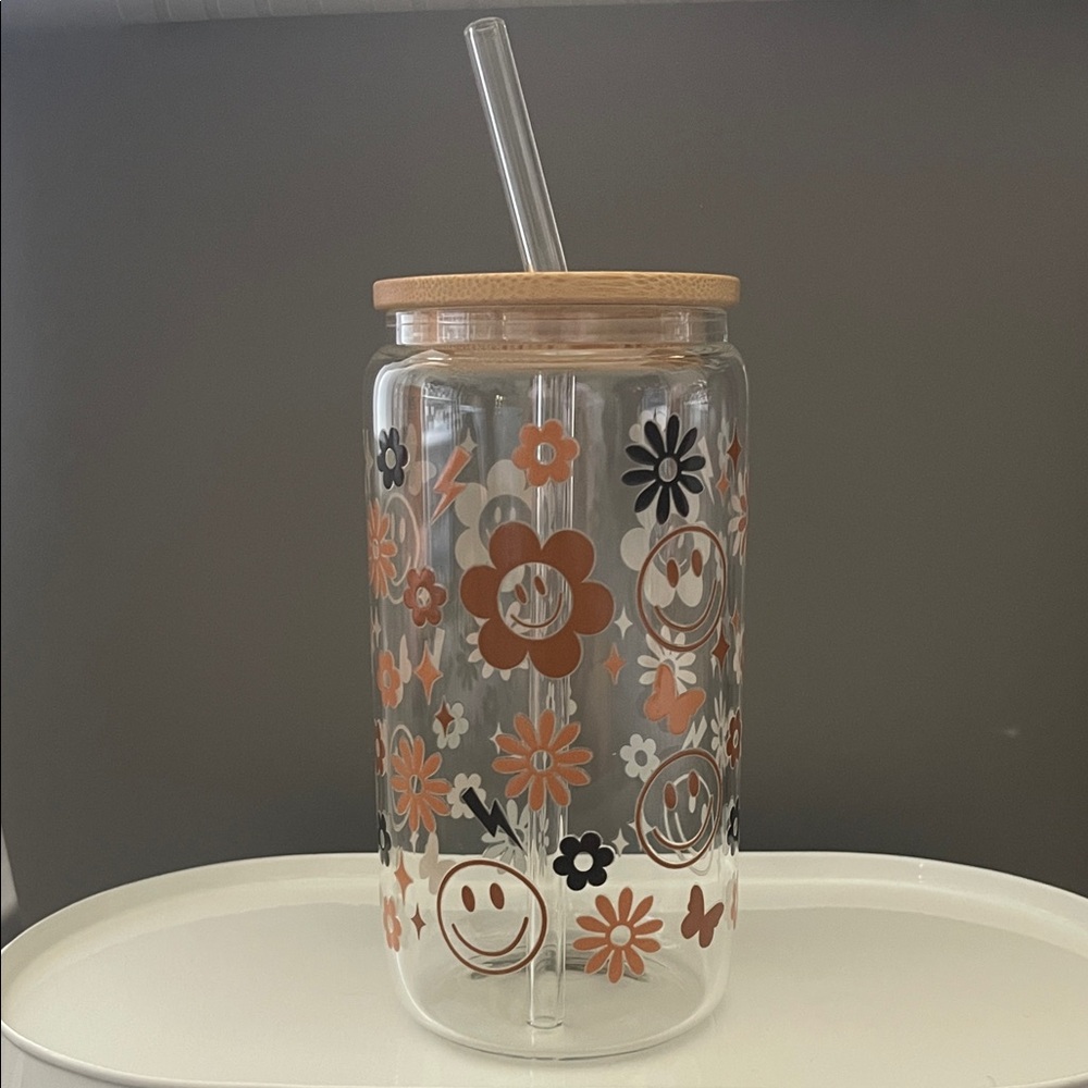 Floral Smiley Glass Tumbler with Straw